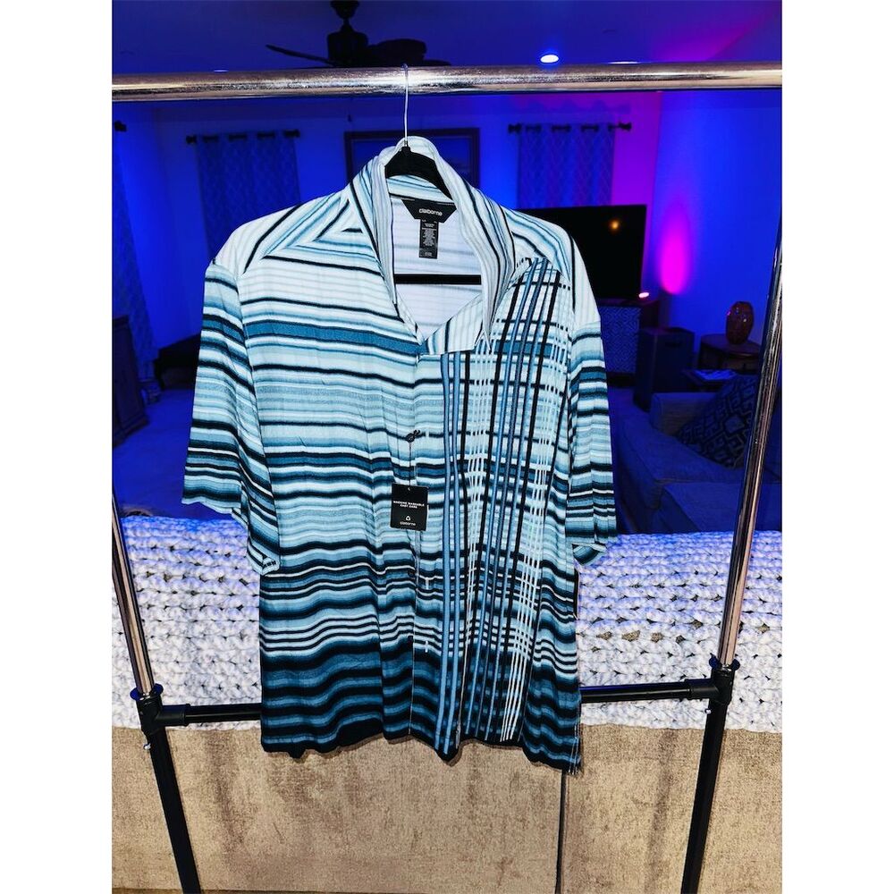 Claiborne Men's XL Blue Striped Short Sleeve Camp Shirt Casual